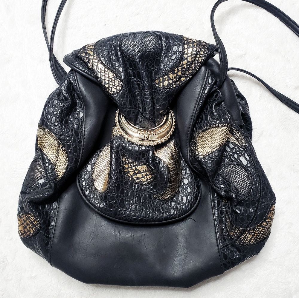 Vintage 80's Metallic Patchwork Black Gold Faux Leather Crossbody Should…